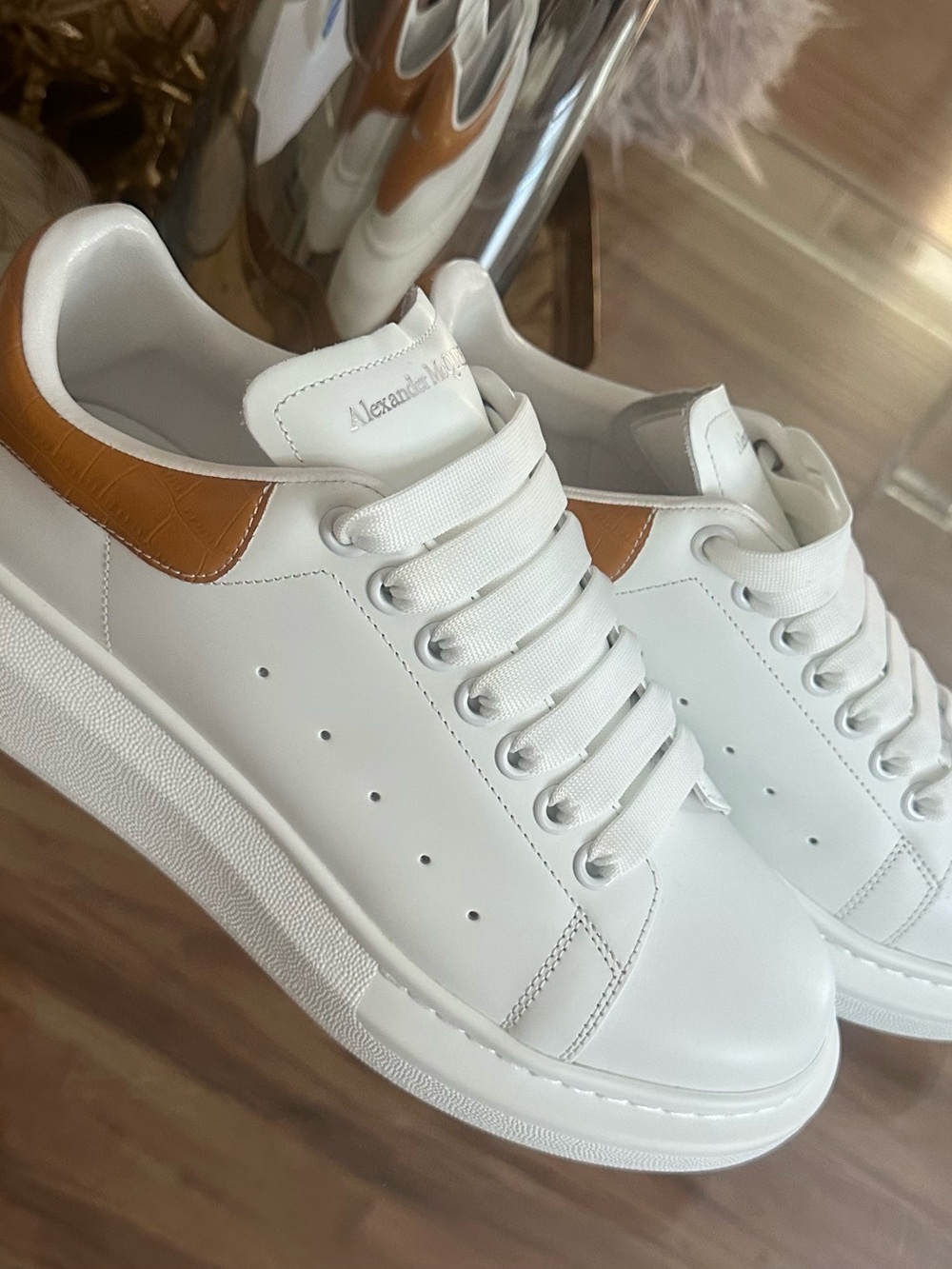 Alexander McQueen White Leather Sneakers with Brown Heel Tab